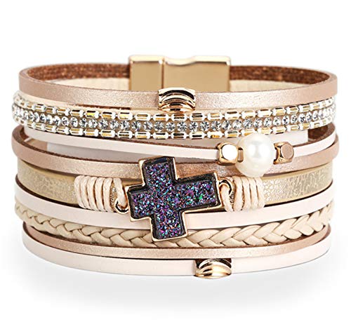 Hutou Leather Wrap Bracelet Boho Cuff Bracelets For Women Teen Girls Crystals Cross Bracelet Jewelry Gifts For Her Beige #TOP23