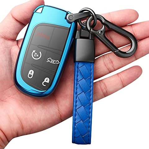 Compatible with Jeep Key Fob Cover with Leather Keychain Soft TPU Protection Key Case for Grand Cherokee Renegade Chrysler 200 300 Dodge RAM Durango Challenger Journey Dart Fiat Smart Key,Blue Cover