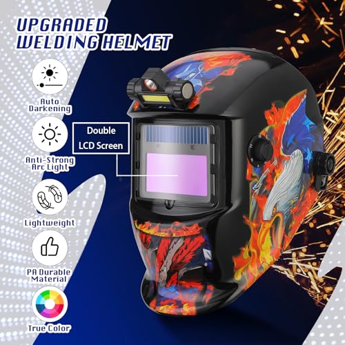 Image of WR01A Welding Helmet Auto Darkening with LED Light True Color Solar Powered Welder Hood with Adjustable Shade Range 4 /9-13 for Mig Tig Arc Welding Mask (Red Eagle)