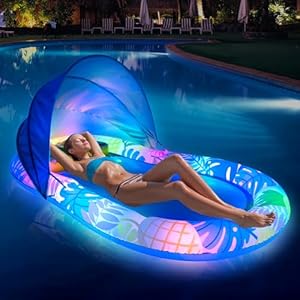 Fussion Pool Floats Adult Size Lighting Inflatable Rafts Pool Lounger with Headrest and Adjustable Canopy Large Pool Floaties Heavy Duty Swimming Pool, Beach & Lake Sunbathing