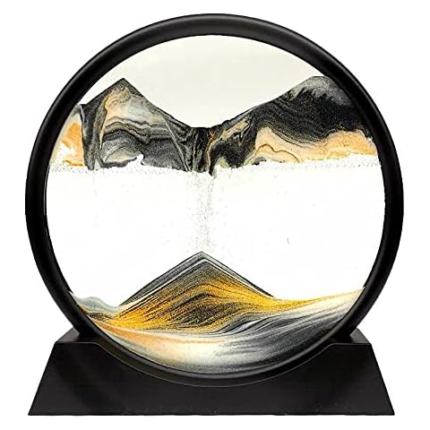 Actaday Mobile Hourglass Art 3D Deep Sea Sandscape in Motion Display Flowing Sand Frame Flowing, Round Glass Decor Hourglass Room Miniature Model Kids Gift Cover