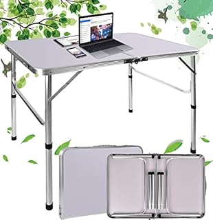 90 * 60cm Folding Computer Desk, Compact Save Space Small Foldable Home Office Laptop Work Desk, 2 Gears Adjustable Height Aluminum Study Writing Table, Portable Picnic Camping Tables That Fold Up