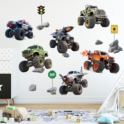 SHUCHING Grands Stickers Muraux Monster Trucks, Sticker Mural Camion de Course, Decoration Murale pour Chambre Enfants Garçon Salon Salle de Jeux