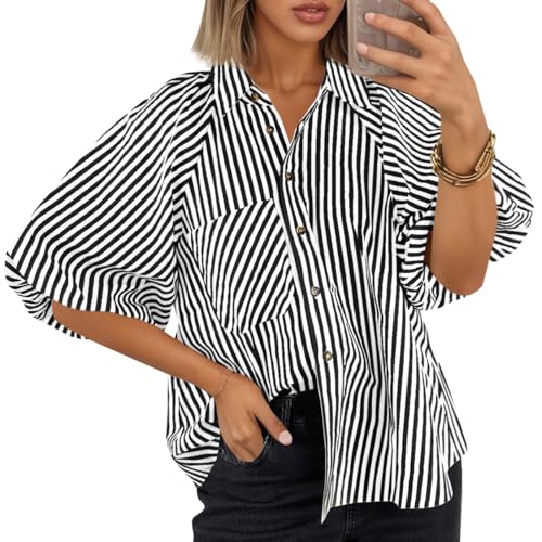 Tankaneo Womens Short Puff Sleeve Button Down Shirts Striped Trendy Casual Loose Fit Blouse V Neck Collared Tops