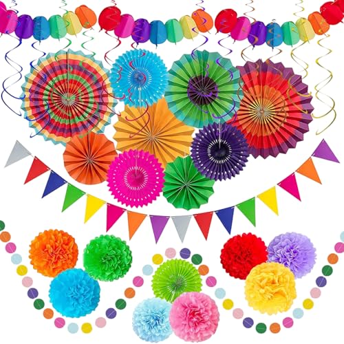33PCS Fiesta Party Decorations Cinco De Mayo Multicolored Paper Fans,Pom