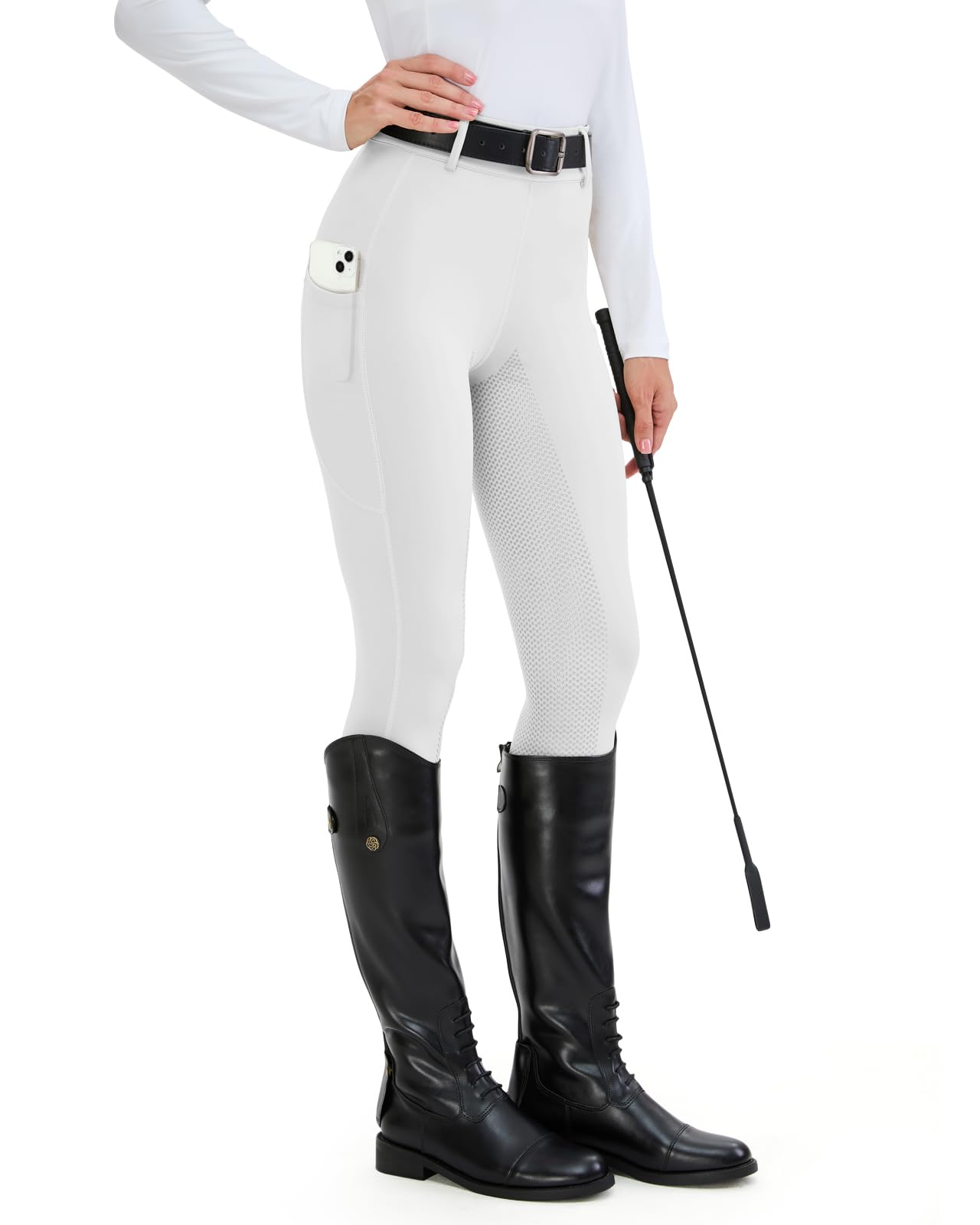 HMILES Leggings da Equitazione da Donna, in Silicone, con Inserti Completi, a Vita Alta, Elasticizzati, da Equitazione, da Donna, con Passante per, Bianco, L