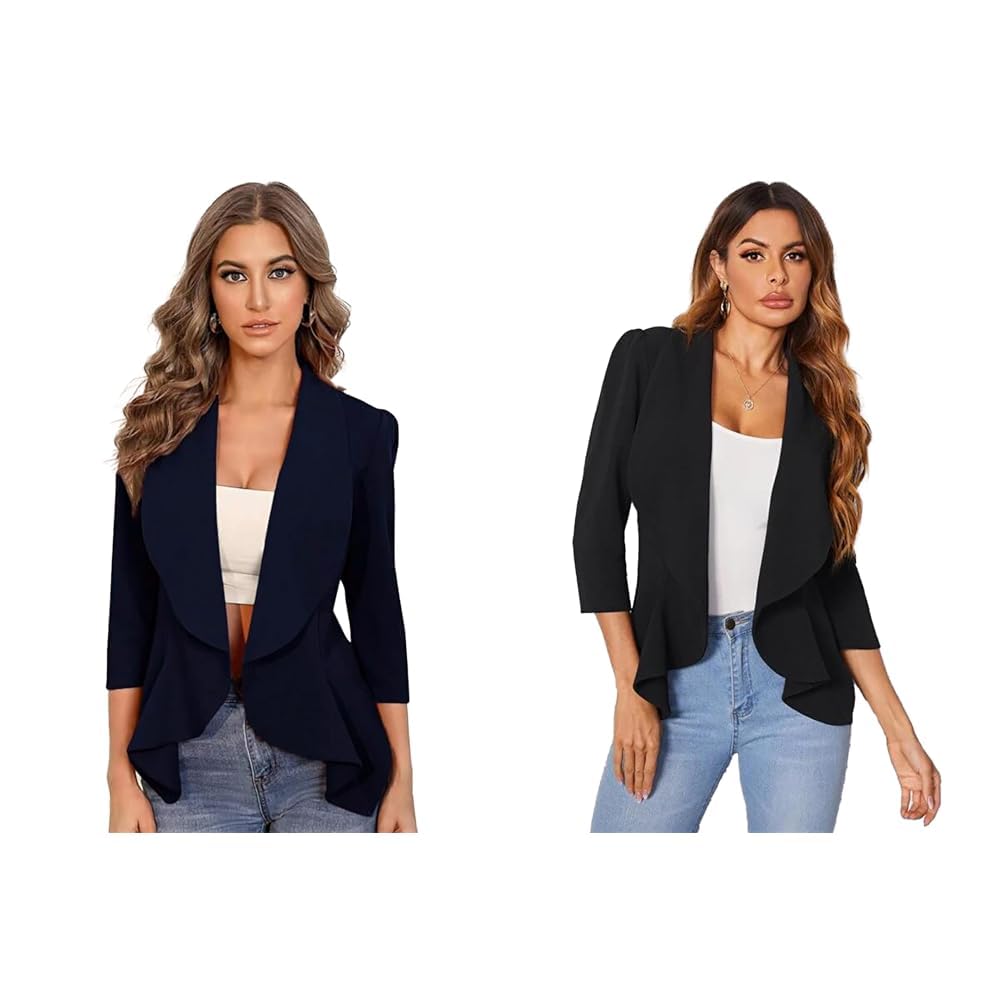 kotty Women's Single Breasted Relaxed Fit Shawl Collar 3/4 Sleeve Blazer Navy Blue Women's Single Breasted Relaxed Fit Shawl Collar 3/4 Sleeve Blazer Coal Black-picture-21