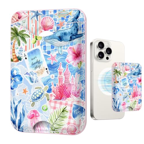 Image of Tropical Magnetic Wallet Compatible with Magsafe Wallets for iPhone 17 /16 /15 /14 /13 /12 Series Pro Max Plus Cute Phone Sea Animals Magnet Fit 3 Cards for Women Lether Mag Safe Ocean Picnic