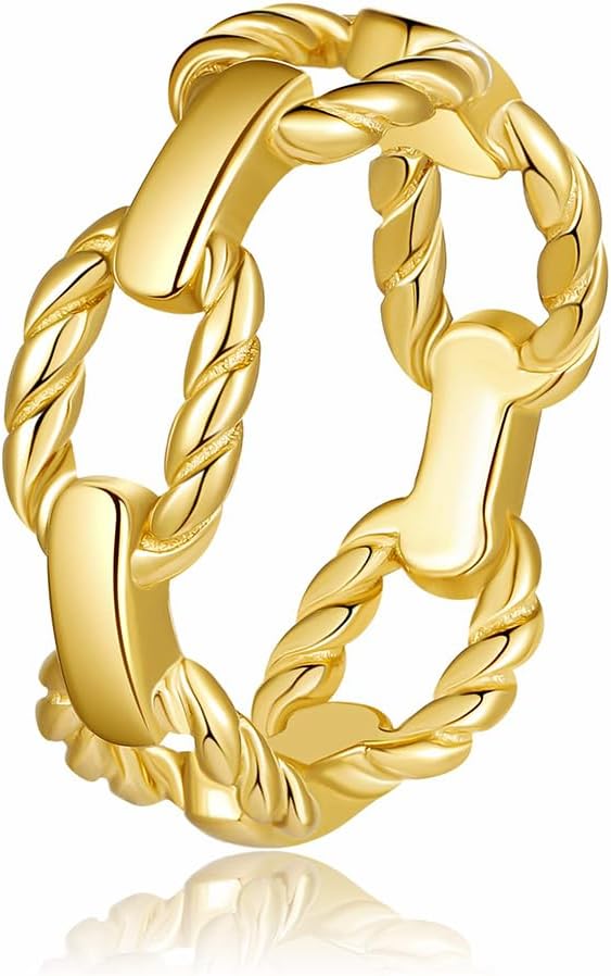 18K Gold Chain Link Rings for Women, Non-Tarnish Stackable Stainless Steel Cuff Ring