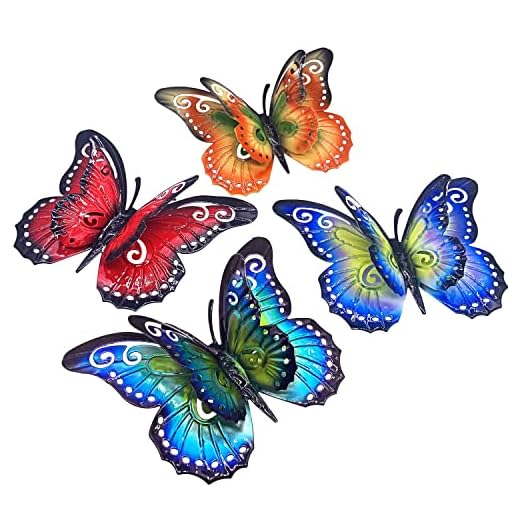Metal Butterfly Outdoor Wall Decor- 6.5'' 3D Metal Colorful Hanging Double Wings Butterflies for Garden Yard Decoration Outdoor or Indoor Decor, Gifts for Mom Dad Friends (4 Pack)