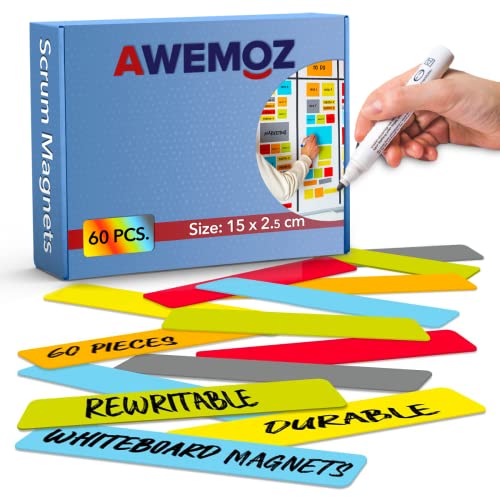 Awemoz® - 60 Magnetstreifen Beschreibbar - 15 x 2.5 cm - 6 Farben - Scrum & Kanban - Beschreibbare Magnete - Für Whiteboard, Magnettafel, Magnetwand & Kühlschrank Cover
