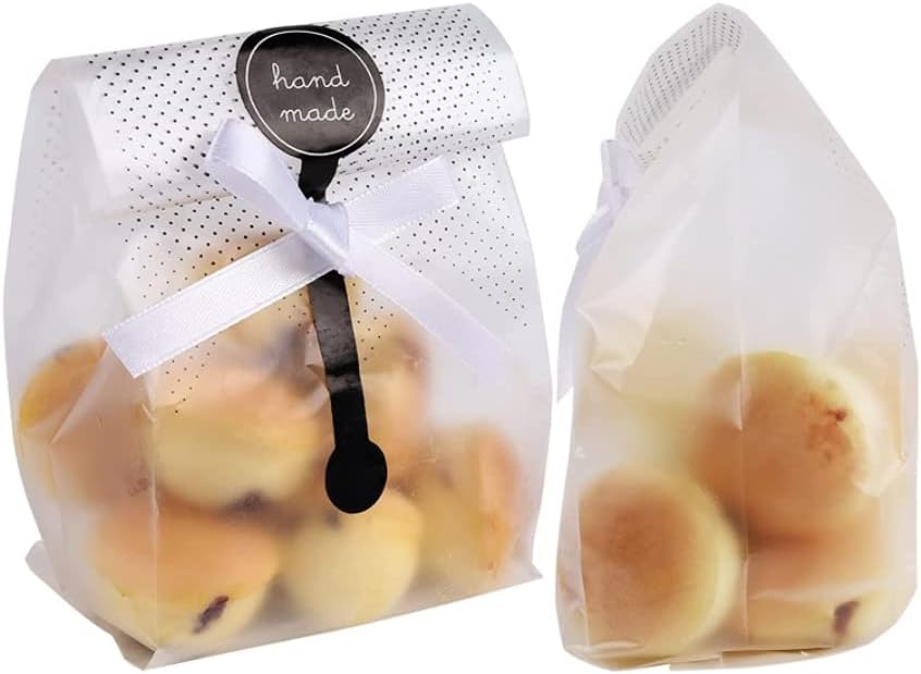 100 Pcs Translucent Plastic Cookie Bags Candy Bags Cookie Packaging Bags for Gift Giving with Sticker and Ribbon