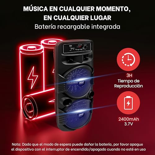 Pyle Sistema de Altavoces, PA, 600W, Bluetooth, Portatil, Recargable, Interiores, Exteriores, Subwoofer de 8”, Tweeter de 1”, función de grabación, micrófono, Luces de Fiesta, Radio USB/SD, Negro - imagen 5