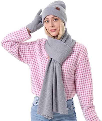Hat Scarf Gloves Set Unisex Soft Wool with Long Scarf Shawl Double-Layers Beanie Touchscreen Gloves for Women and Men