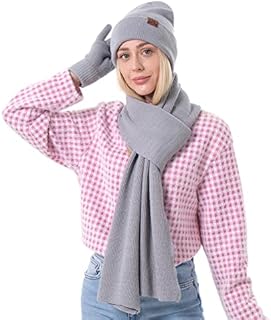 Hat Scarf Gloves Set Unisex Soft Wool with Long Scarf Shawl Double-Layers Beanie Touchscreen Gloves for Women and Men