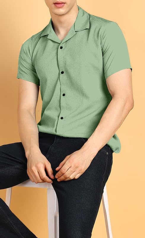 Image of COMBRAIDED Men's Solid Cotton Blend Half Sleeve Shirt - Regular Fit Casual Button-Down Shirt for Office & Travel - Summer & Spring