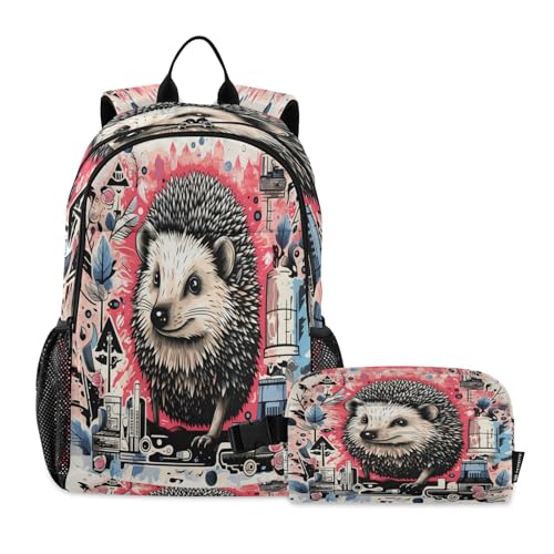Sac à dos étudiant hérisson avec sac à déjeuner doodle art pour école