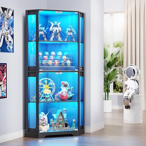 BROTTAR Eckvitrine mit Glastüren, Tall 165cm Eck Bücherregal mit 3 Farben Led...