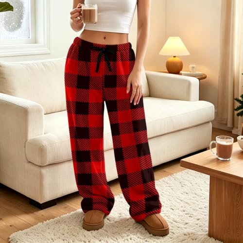 Wide Leg Pants Women Baggy Relaxed Checkered Plaid Flannel Thermal Pjs Pant - image 3