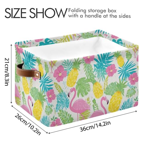 Image of Aslsiy Storage Basket Summer Flamingo Hibiscus Nursery Bins Tropical Leaf Pineapple Baby Box Canvas Clothes Shelf Basket Laundry Hamper Gift Basket for Home Closet 1 Pcs