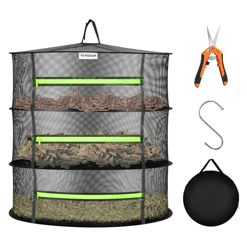 VIVOSUN 3-Layer Mesh Drying Rack Hanging Design with Green Zippers for Dehydrating, Indoor and Outdoor Pruning Shears Included