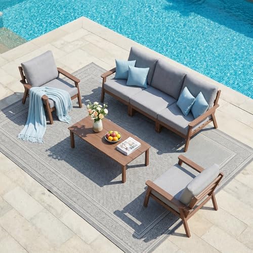 Image of LOUNZY HDPE Patio Furinture Set, 6 Piece Sectional Sofa Outdoor Furniture Set, All Weather Outdoor Couch Set Patio Conversation Set for Deck, Lawn, Brown