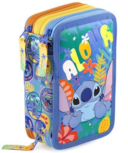 Clondo Estuche Triple Relleno para Niñas, para Stitch Fan, 45 Accesorios Escolares, Plumier 3 Cierres, Compartimentos Organizados, Lápices de Colores, Marcadores, Pegamento, Tijeras