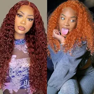 Reddish Brown 13x4 Deep Wave Lace Front Wigs 26 Inch+Ginger Orange 13x4 Deep Wave Lace Front Wigs 34 Inch
