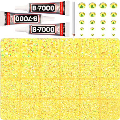 32000Pcs Yellow Rhinestones for Bedazzling Multi Sizes 2 3 4 5 6mm Flatback Gems Bedazzle Kit with B7000 Glue Flat Back Resin Diamond Gemstone Jewel Rhine Stone Crystal for Crafting Crafts