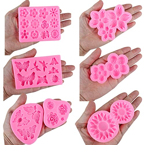 Flower Silicone Cake Molds,Butterfly Candy Molds Rose Mold Leaf Mold Silicone For Cake Decorating Cupcake Topper Cake Pops Candy Soap Making (8 Flower Mold) #TOP2
