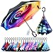 Owen Kyne Windproof Double Layer Folding Inverted Umbrella, Self Stand Upside-Down Rain Protection Car Reverse Umbrellas with C-Shaped Handle (Rainbow Rose)