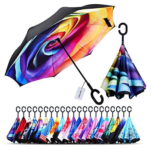 Owen Kyne Windproof Double Layer Folding Inverted Umbrella, Self Stand Upside-Down Rain Protection Car Reverse Umbrellas with C-Shaped Handle (Rainbow Rose)