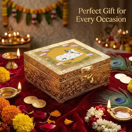 Image of Kamdhenu Wooden Jewellery Box | Handcrafted Decorative Storage Organizer | Traditional, Multipurpose Keepsake Box for Rings, Earrings & Small Accessories | Golden, Pack of 3