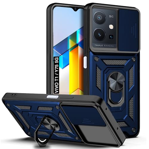 Image of AESTMO Tough Armor Vivo T1 5G / Y75 5G / iQOO Z6 5G Bumper Back Case Cover | Ring Holder & Sliding Camera Shield Cover | 360 Degree Protection Back Case Cover (Blue)