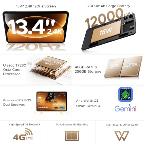 Image of P13 Pro 13.4 Inch Large Tablet, Android 16 Tablets, Gemini AI, 120Hz, 48GB RAM+256GB ROM, 12000mAh /18W, T7280 Octa-Core, 4G Dual SIM, OTG, 16MP, Face ID, 5G WiFi, Tablet with Keyboard Stylus, Black