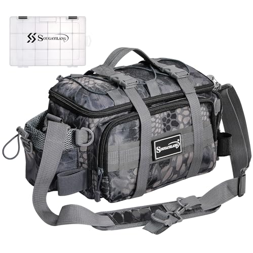 Sougayilang Fishing Tackle Bags with 3600 Tackle Tray - Fishing Tackle Storage Bags for Saltwater or Freshwater Fishing Gear - Padded Shoulder Strap - Tackle Box Bag Fishing Bag(Grey)