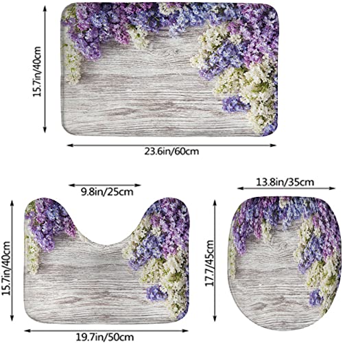 Badezimmerteppich-Set, 3-teilig, rustikaler lila Blumenstrauß-Druck, waschbare Badteppiche, rutschfest, mit Rückenpolster, Konturteppich und Toilettendeckelbezug – Bild 4