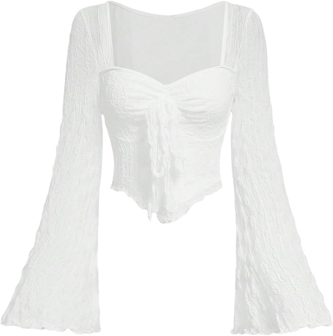 SOLY HUX Women's Long Bell Sleeve Tops Mesh Sweetheart Neck Going Out Crop Top Casual Asymmetrical T Shirts Tees