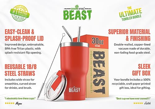 Image of Beast 30oz Red Insulated Reusable Tumbler- BPA Free | Stainless Steel Coffee Cup with Lid,2 Straws,Brush & Gift Box