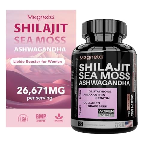 MEGNETA Shilajit Himalayan Organic Shilajit and Ashwagandha Capsules for Women. 20 in 1 Sea Moss Capsules, 26671mg Per Serving - 60 Capsules Cover