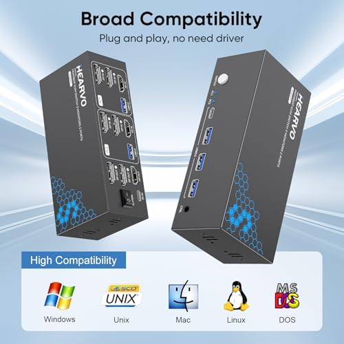 Hearvo 3 Monitor KVM Switch for 2 Computers, 2 DisplayPort + HDMI - 5