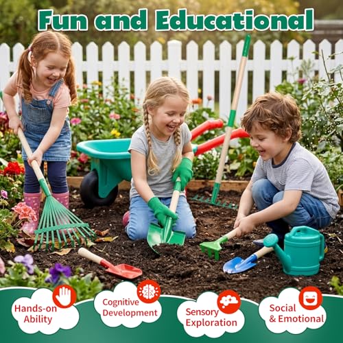 Image of CUTE STONE Kids Gardening Set with Wheelbarrow, Kids Shovel and Rake Set | Dual-length Gardening Tools( Wood Handles & Metal Heads), Watering Can, Gloves for Backyard Outdoor Summer Play