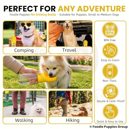 Image of Foodie Puppies Portable Dog Water Bottle, (530ml,18Oz) Color May Vary | Leak-Proof Easy Squeeze Pet Water Dispenser with BPA-Free Drinking Cup | Walking, Hiking, Travel & Road Trips