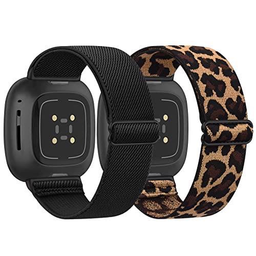 WOOZ [2 Pack] Straps Compatible with Fitbit Versa 3 Strap/Fitbit Sense Strap for Women/Men, Stretchy Adjustable Nylon Stylish Replacement Elastic Wristband for Fitbit Versa 3 / Sense (Black+Leopard)
