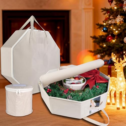 BrilliantJo 2 Pack Wreath Storage Christmas Garlands Bag with Interior Pockets Large Xmas Container Box for holiday Decorations Case with Zipper Handles Window Labeling Card Slot 24" Houndstooth