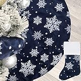 Christmas Tree Skirt Double Layers Snowflake Tree Skirt Soft Flocking Christmas Tree Skirt with Stocking Christmas Party Tree Ornament (Blue, 36 Inch)
