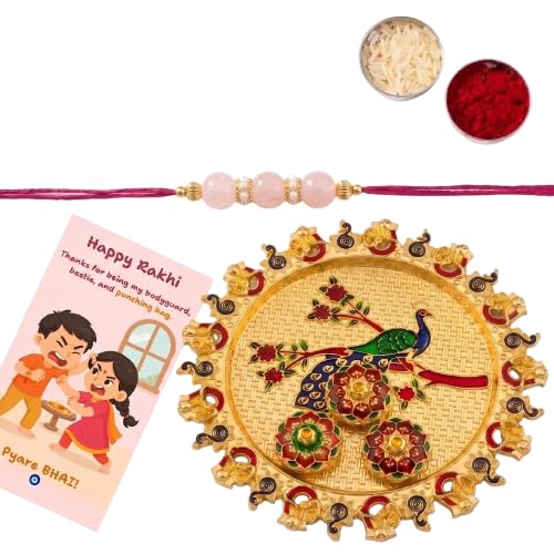 Image of Pink Beaded Rakhi for Brother with Greeting Card, Roli Chawal | Premium Pearl Stone Designer Rakhi | Raksha Bandhan Gift for Brother