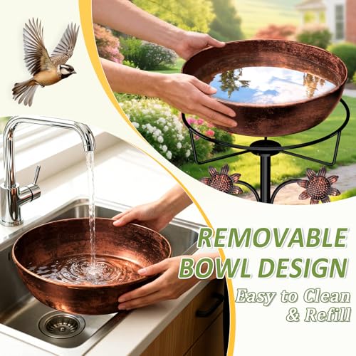 Image of 3 inch Deep Metal Bird Bath for Outside, Removable 12 inch Dia Vintage Bird Baths Bowl for Outdoors with Stable 5-Prong Stake, 37 inch H Freestanding Birdbath for Garden Patio Yard Lawn (Brush Bronze)