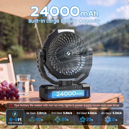 Image of FRIZCOL Camping Fan, 24000mAh Battery Powered Fan, Rechargeable Portable Fan with LED Lantern, Hanging Hook, 4 Speeds Ultra Quiet for Outdoor Tent, Travel, Beach, Fishing, Jobsite - Chicago Coal