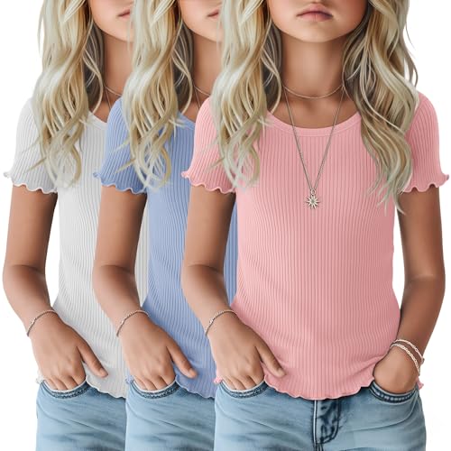 Mumucove 3 Pack Girl's Shirts Ribbed Lettuce Trim Short Sleeve Tees Tween Crew Neck Cute Summer Tops Blouses Ages 5-14(Light Pink, Light Blue, White,5-6 Years)